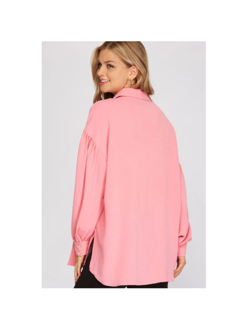 Rose Pink Button Down Blouse Balloon Sleeve Flowy Top Size Medium - Picture 3 of 6